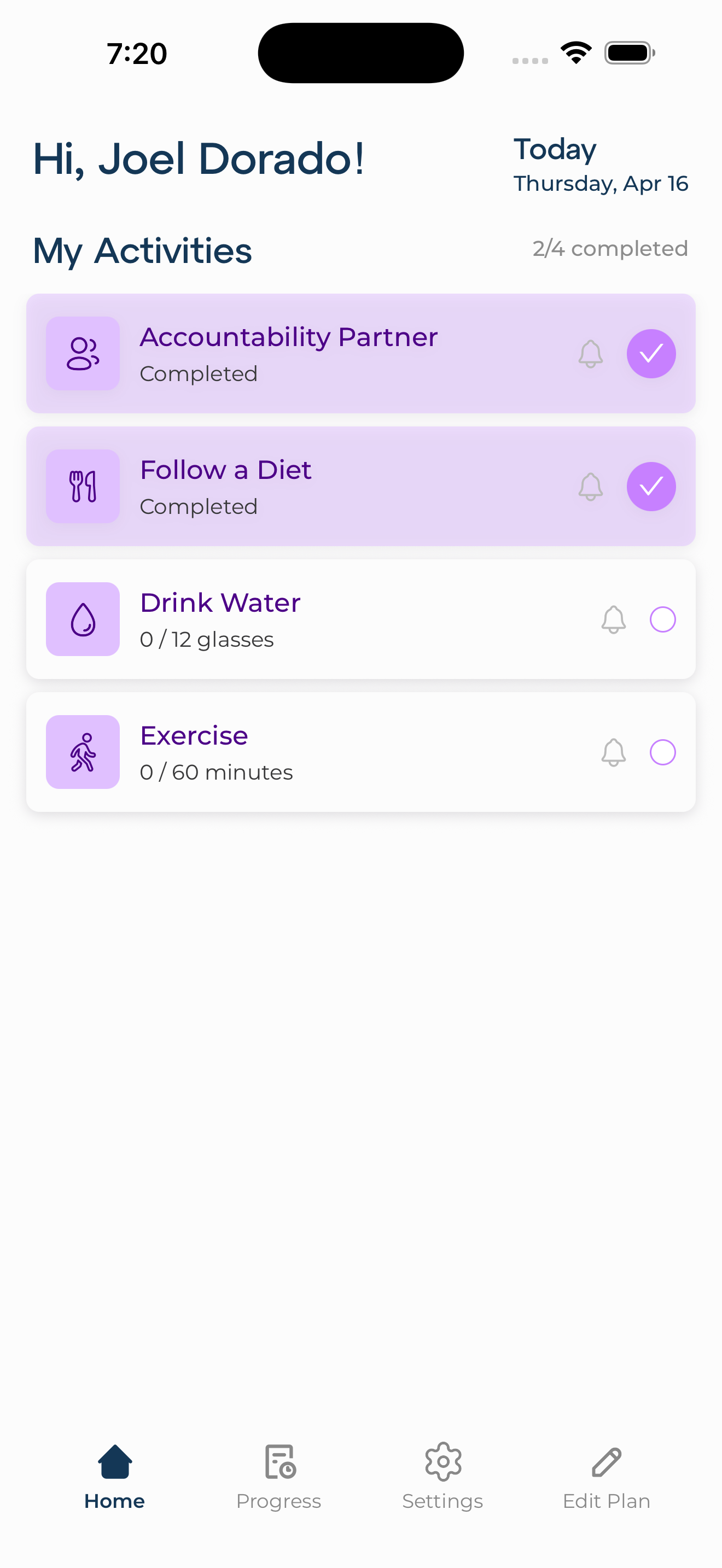 Again daily activities screen
